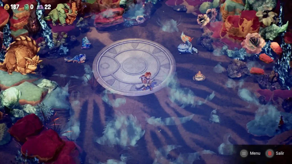 Personaje sobre círculo mágico rodeado de criaturas fantásticas en un mundo onírico de colores púrpura y coral.