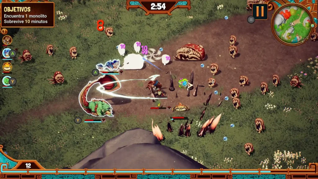 Combate contra hordas de enemigos usando mascotas invocadas mientras el temporizador marca 2:54 minutos restantes.