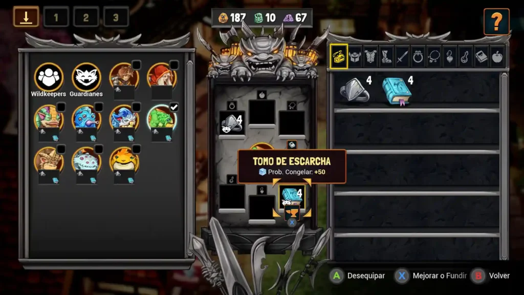 Menú de gestión de Wildkeepers mostrando tomo de escarcha con probabilidad de congelar en el inventario.