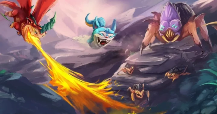 Tres criaturas voladoras de Wildkeepers Rising lanzan ataques de fuego contra enemigos oscuros en una batalla aérea épica y dinámica.