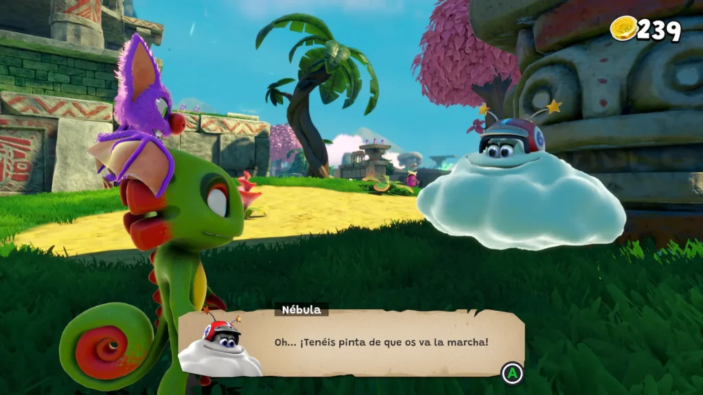 Yooka-Replaylee (camaleón) y Laylee (murciélago) hablan con un personaje nube llamado Nébula que les lanza un desafío en un entorno tropical.