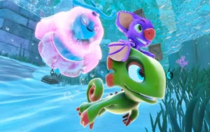 El personaje principal verde, Yooka-Replaylee, y su amiga murciélago púrpura Laylee están bajo el agua siguiendo a una criatura bioluminiscente rosa.