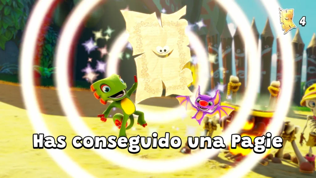 Yooka-Replaylee y Laylee celebran haber conseguido una "Pagie" (página de pergamino) que brilla intensamente sobre un campamento tribal.