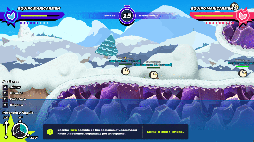 Pingüinos del "Equipo Maricarmen" se enfrentan en un videojuego 2D de artillería, un proyecto asociado al creador Rafa Laguna.