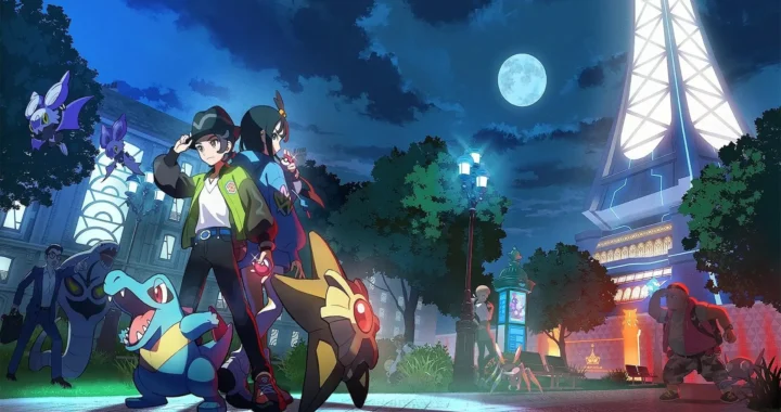Arte promocional de Leyendas Pokémon: Z-A mostrando entrenadores y criaturas bajo luna llena en ciudad iluminada.