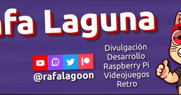 El banner promocional de Rafa Laguna presenta su nombre, redes sociales y un característico gato animado con una cinta roja.