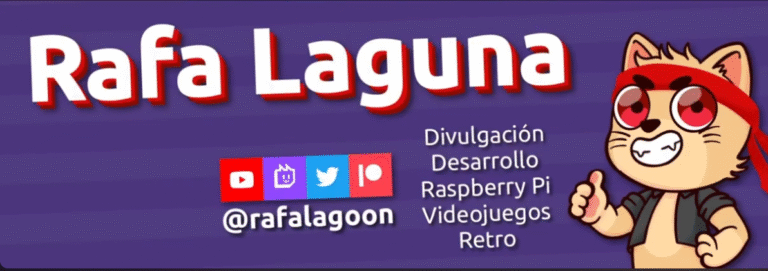 El banner promocional de Rafa Laguna presenta su nombre, redes sociales y un característico gato animado con una cinta roja.