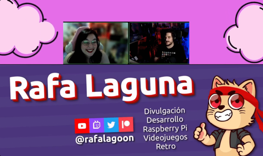 Rafa Laguna y una presentadora conversan sonrientes en una entrevista online, enmarcada por nubes rosas y el banner del divulgador