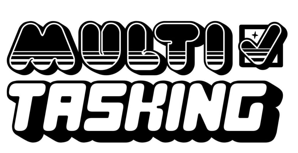 El logo "Multitasking" con letras redondeadas y sombreadas, representa un concepto clave en el trabajo de desarrollo de Rafa Laguna.