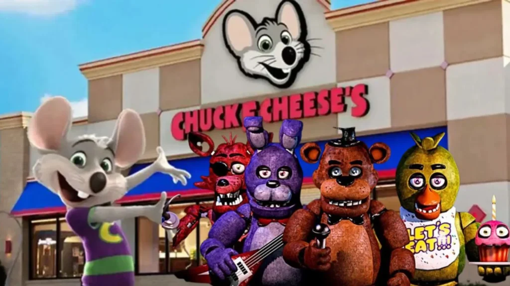 Animatrónicos de Five Nights at Freddy’s frente al restaurante Chuck E. Cheese’s.