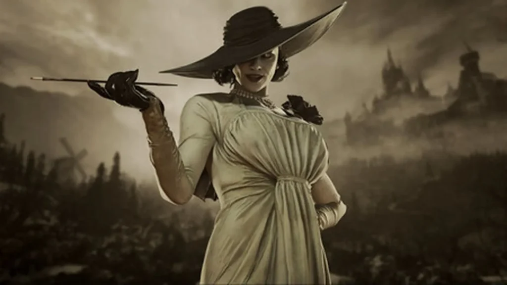 Lady Dimitrescu, del Resident Evil Village, posa con elegancia ante un castillo gótico para ejemplificar los videojuegos de terror.