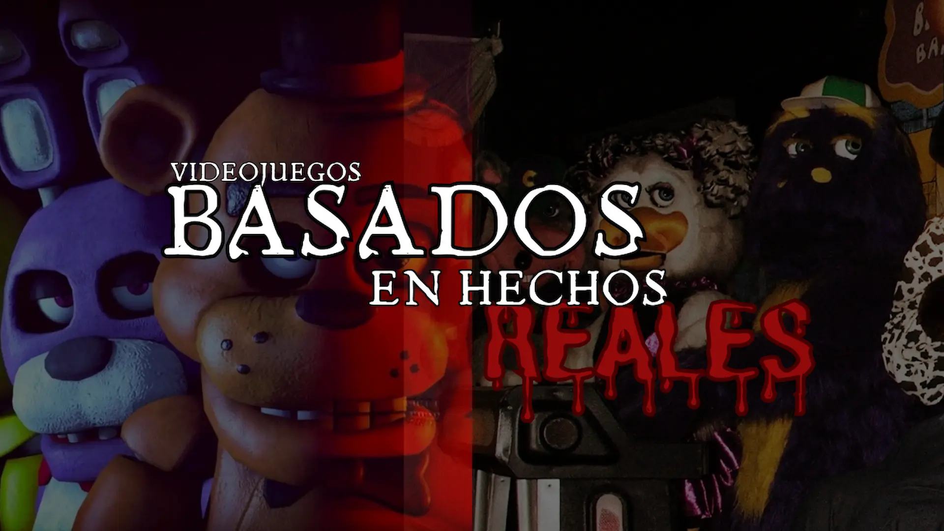 Montaje con animatrónicos y texto “Videojuegos basados en hechos reales” sobre fondo oscuro.