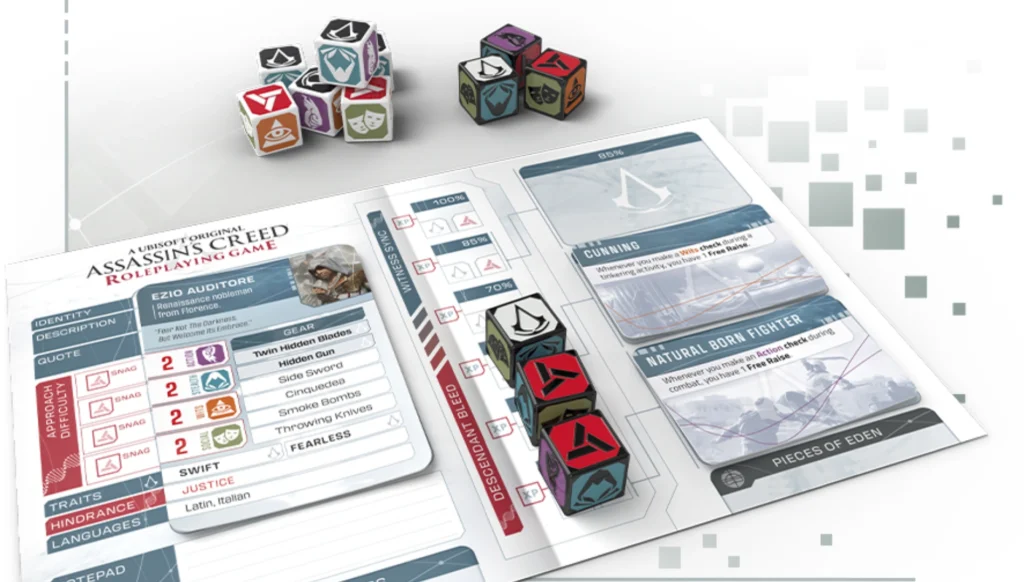 La ficha de personaje de Ezio Auditore y los dados especiales muestran cómo funciona la mecánica de tiradas de las reglas del juego de rol de Assassin's Creed.