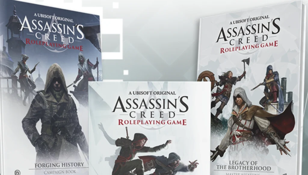 Las tres portadas en inglés del juego de rol de Assassin's Creed (Forging History, Master Assassins y el libro principal) se muestran con arte de la saga.