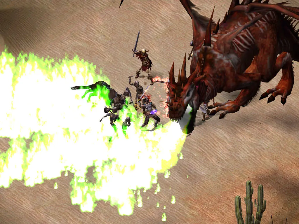 Grupo de héroes luchando contra un dragón rojo que escupe fuego verde en un desierto de Sacred.