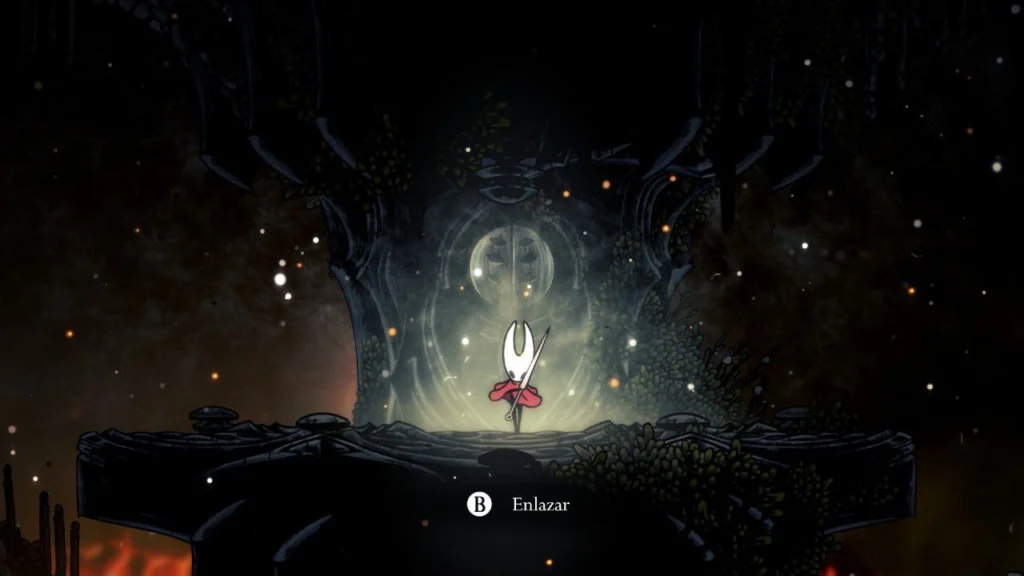 Hornet desbloquea un sello brillante en un árbol antiguo dentro de una caverna oscura en Hollow Knight: Silksong.