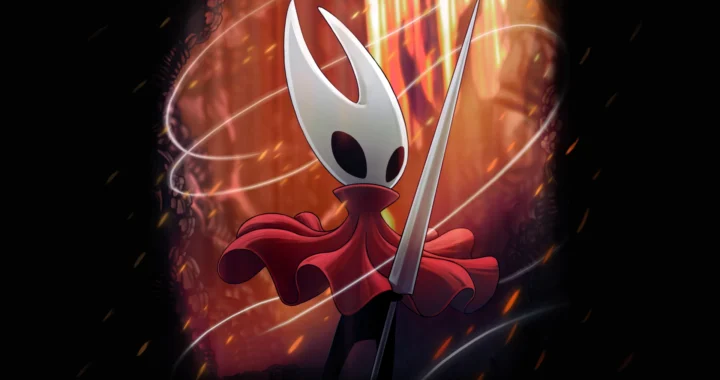 Arte promocional de Hornet empuñando su aguja frente a un fondo abstracto de fuego y seda en Silksong.