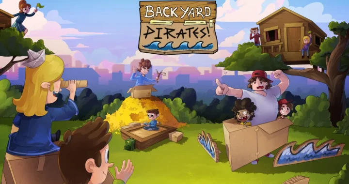 Niños juegan a Backyard Pirates en un jardín usando cajas como barcos, mientras una capitana con catalejo coordina la “batalla” desde lo alto.