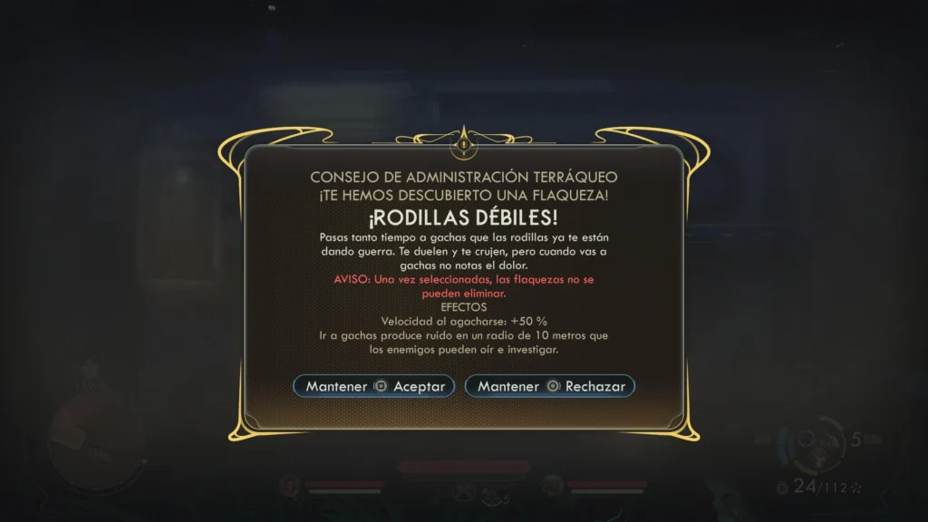 Una pantalla de flaqueza muestra el mensaje “¡Rodillas débiles!” con efectos y opciones en The Outer Worlds 2.