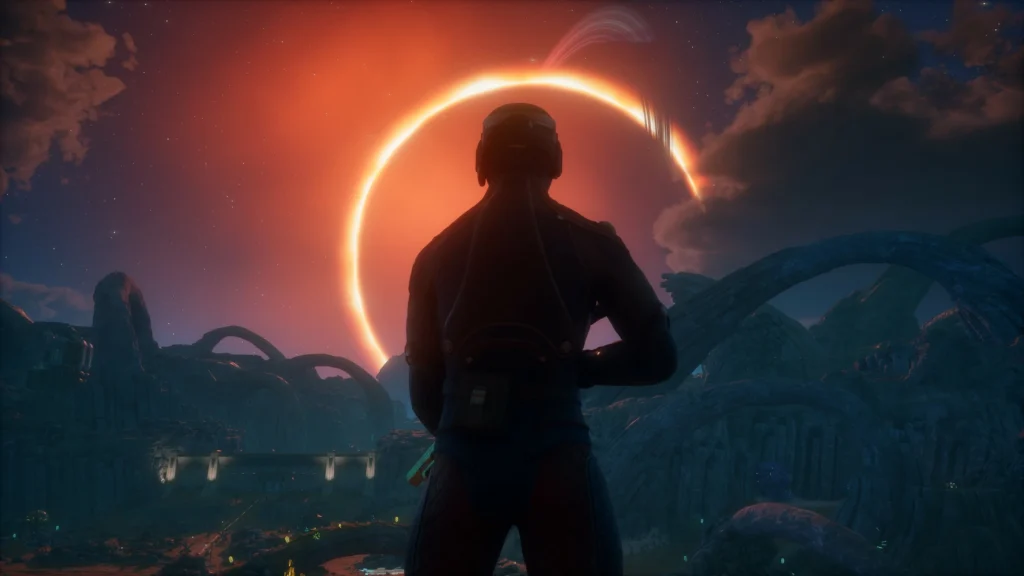 Un explorador observa un eclipse rojo sobre un paisaje alienígena rocoso en The Outer Worlds 2.