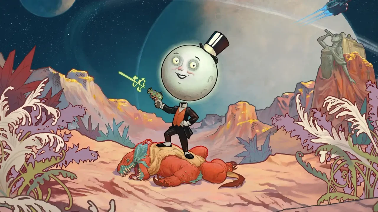 Un personaje con cabeza de luna y sombrero de copa posa triunfante sobre una criatura abatida en The Outer Worlds 2.