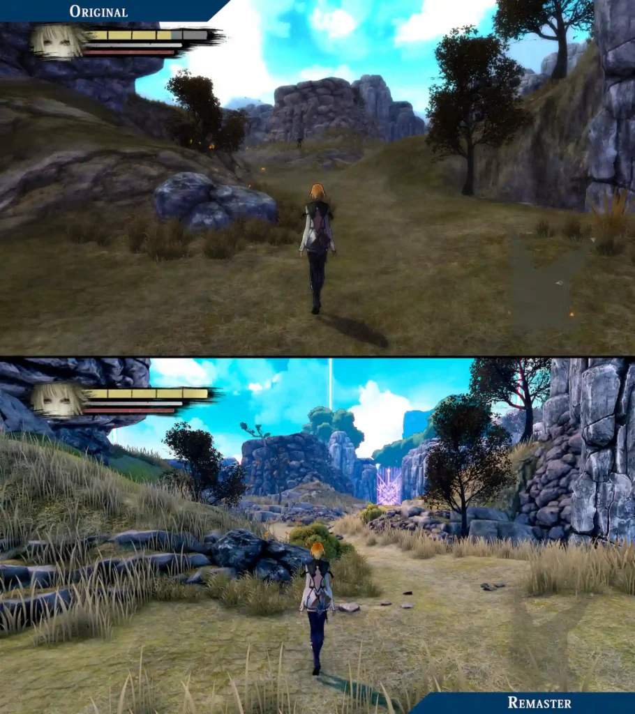 Comparativa entre Anima Gate of Memories I & II Remaster y la versión original, mostrando mejoras de iluminación y detalle en el paisaje.