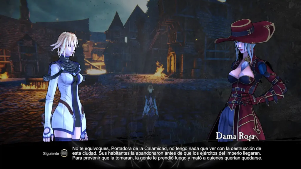 La Portadora conversa con la Dama Roja entre ruinas incendiadas sobre la caída de una ciudad en Anima Gate of Memories I & II Remaster.