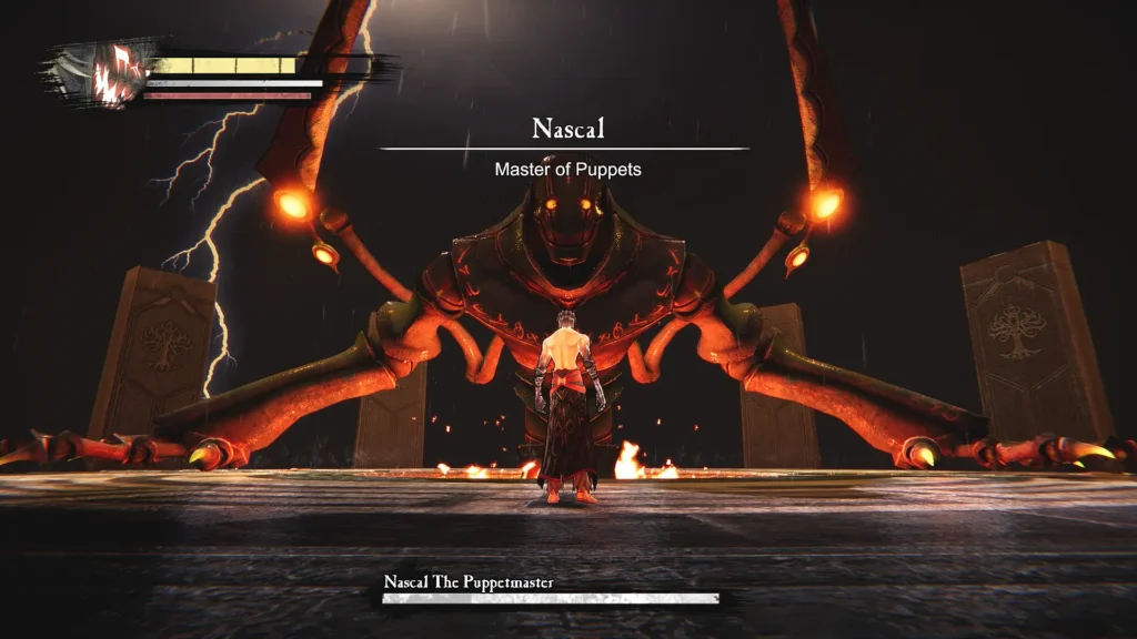 Nascal, un gigante demoníaco, se alza frente al protagonista bajo una tormenta en Anima Gate of Memories I & II Remaster.