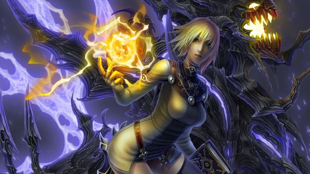 Ilustración de la Portadora sosteniendo un orbe de fuego mientras una criatura oscura acecha detrás.