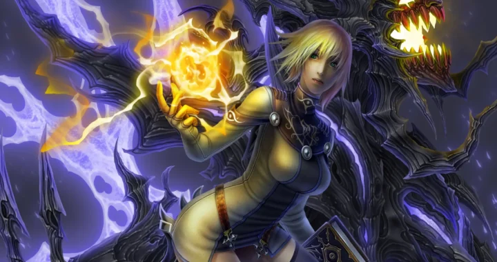 Ilustración de la Portadora sosteniendo un orbe de fuego mientras una criatura oscura acecha detrás.