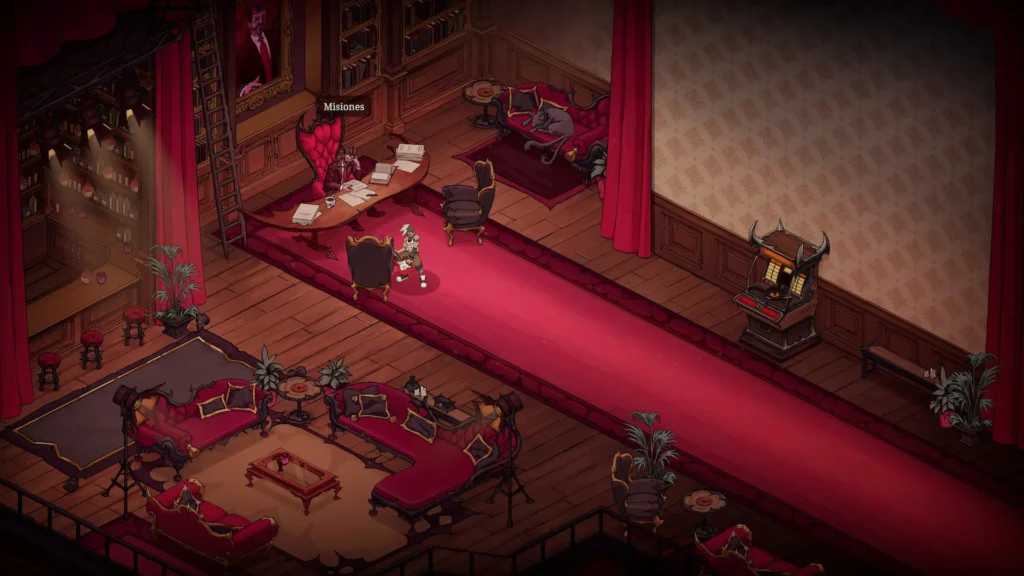 El protagonista de Devil Jam habla con un demonio en una oficina decorada con cortinas rojas y muebles elegantes.