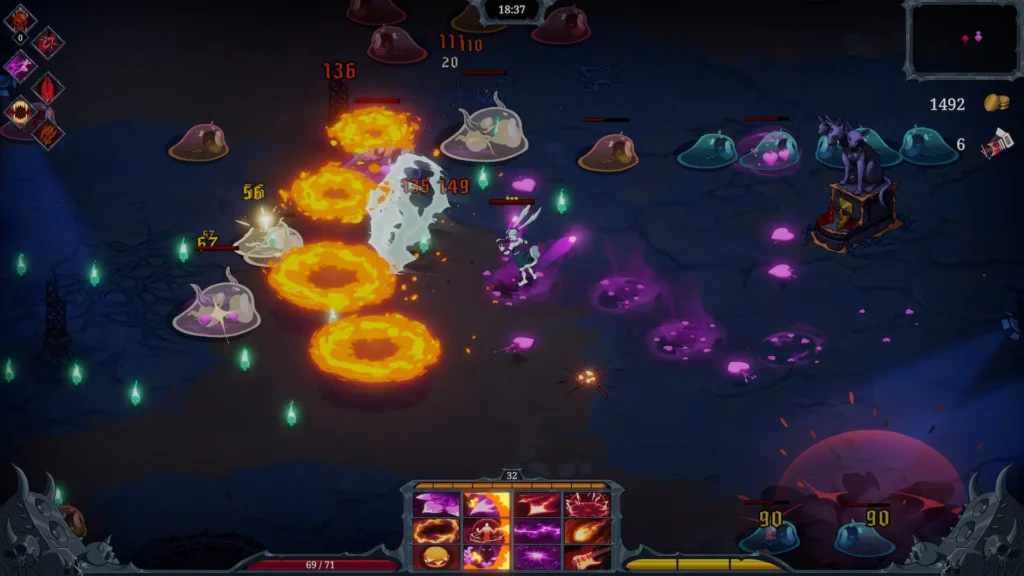 Caos en el combate de Devil Jam: el jugador usa habilidades de fuego contra hordas de enemigos viscosos.