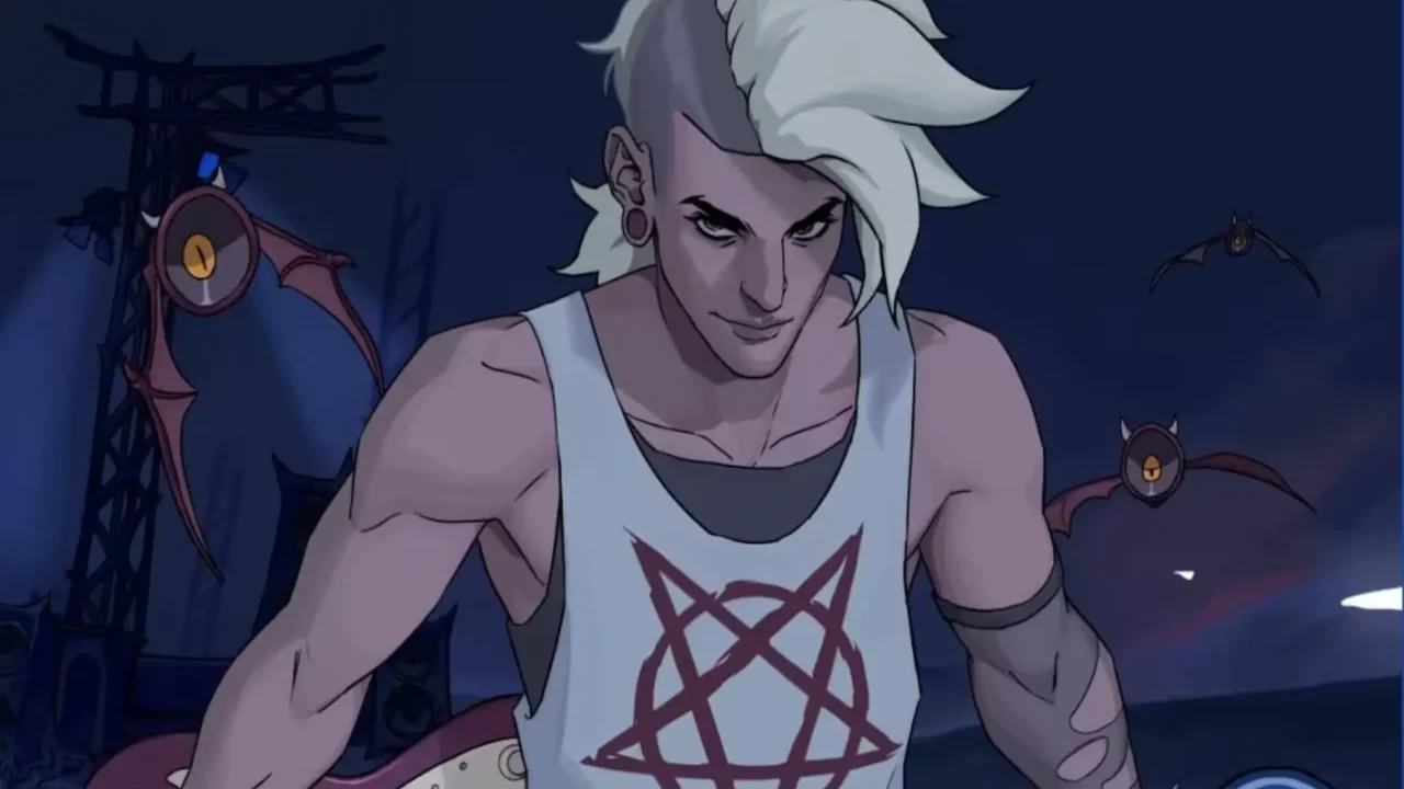 El héroe de Devil Jam posa con su guitarra eléctrica bajo focos y criaturas voladoras en un escenario infernal.