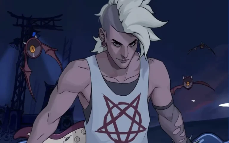 El héroe de Devil Jam posa con su guitarra eléctrica bajo focos y criaturas voladoras en un escenario infernal.