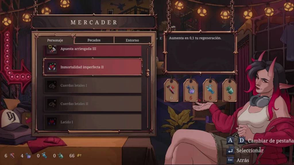 Una mercader demoníaca ofrece mejoras y objetos especiales al jugador desde su tienda en Devil Jam.