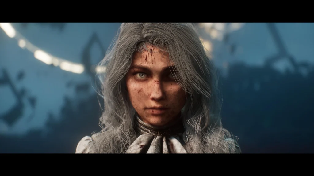 Primer plano de mujer con cabello blanco, rostro ensangrentado y mirada intensa frente a un fondo de escombros.