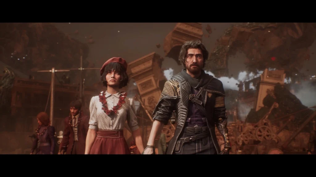 Gustave y Sophie caminan de la mano entre enormes ruinas arquitectónicas flotantes en Clair Obscur: Expedition 33.