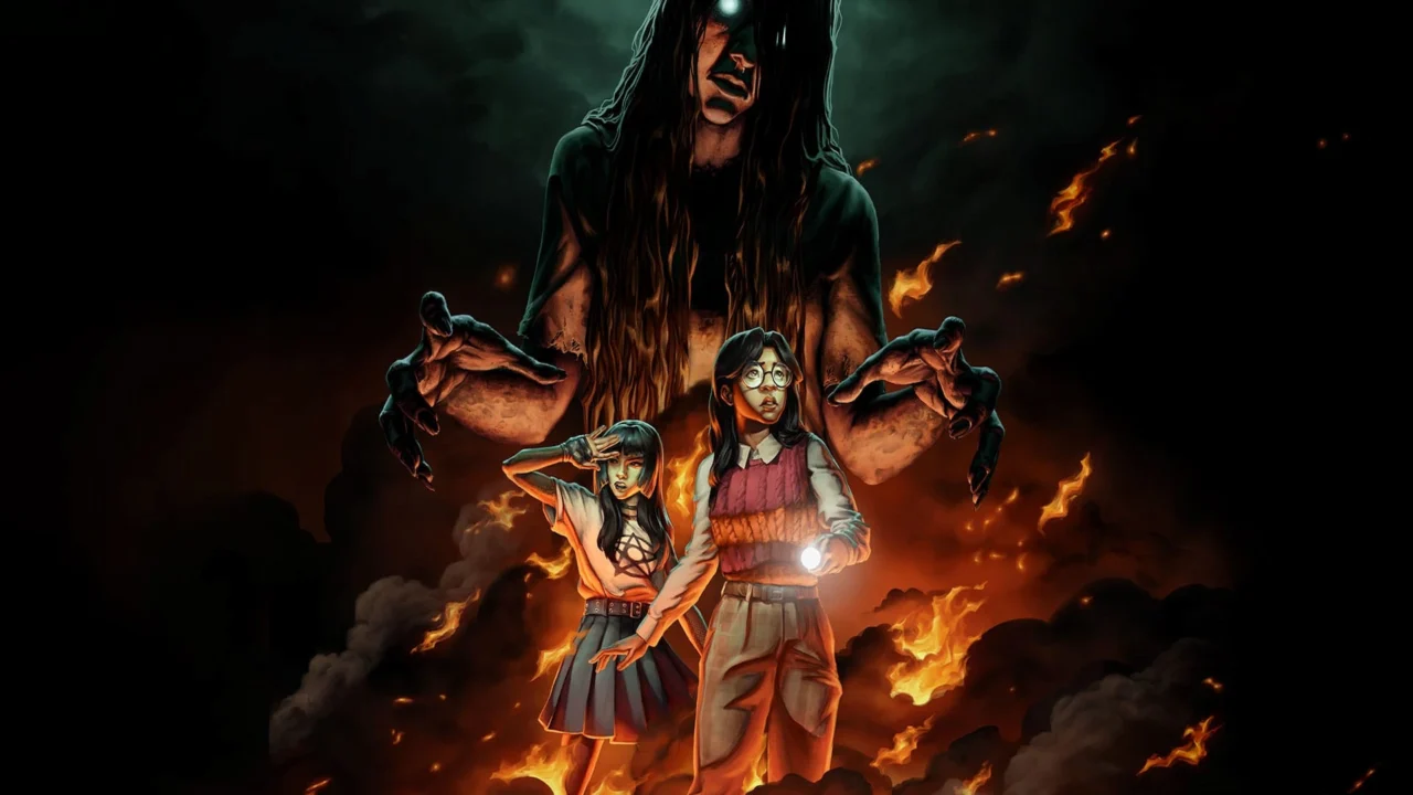 Dos chicas aterradas son acechadas por un espíritu gigante entre fuego y sombras en Fear the Spotlight.
