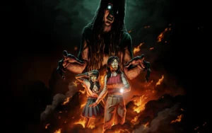 Dos chicas aterradas son acechadas por un espíritu gigante entre fuego y sombras en Fear the Spotlight.