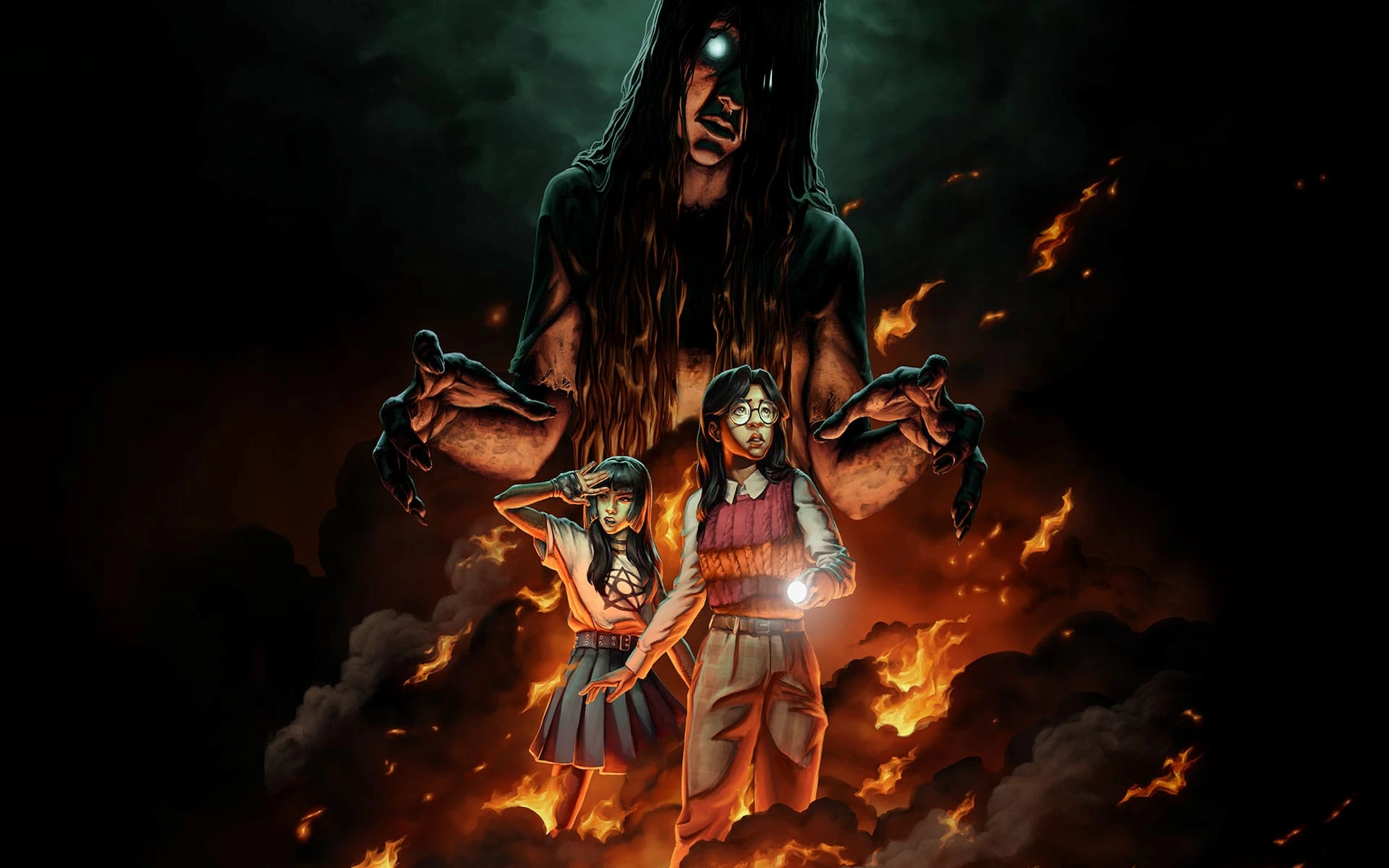 Dos chicas aterradas son acechadas por un espíritu gigante entre fuego y sombras en Fear the Spotlight.