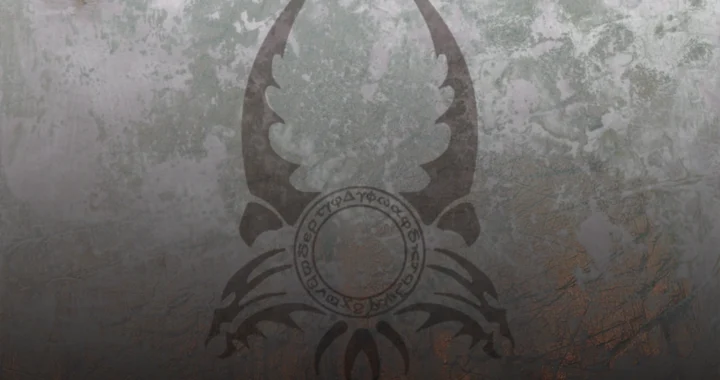 Símbolo oscuro de Sacred grabado sobre una pared erosionada con runas alrededor de un emblema circular.