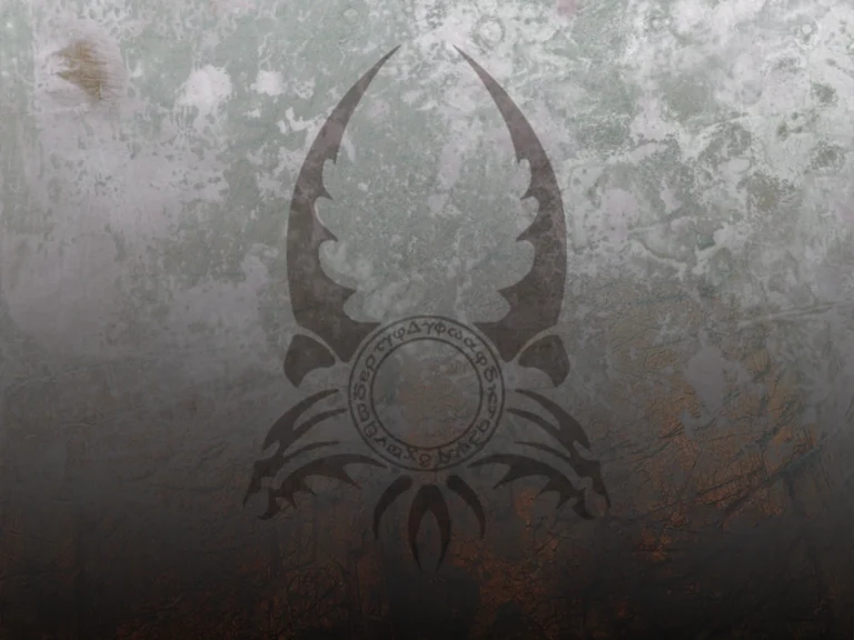 Símbolo oscuro de Sacred grabado sobre una pared erosionada con runas alrededor de un emblema circular.