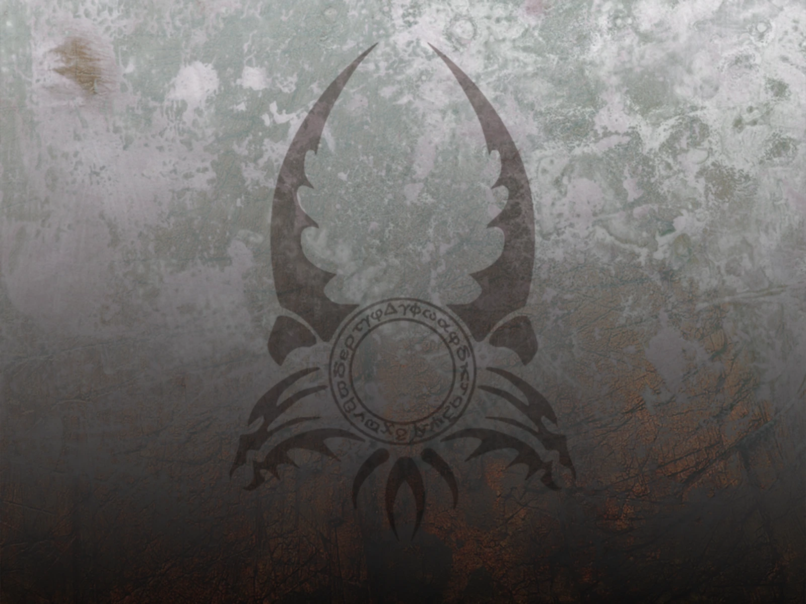 Símbolo oscuro de Sacred grabado sobre una pared erosionada con runas alrededor de un emblema circular.