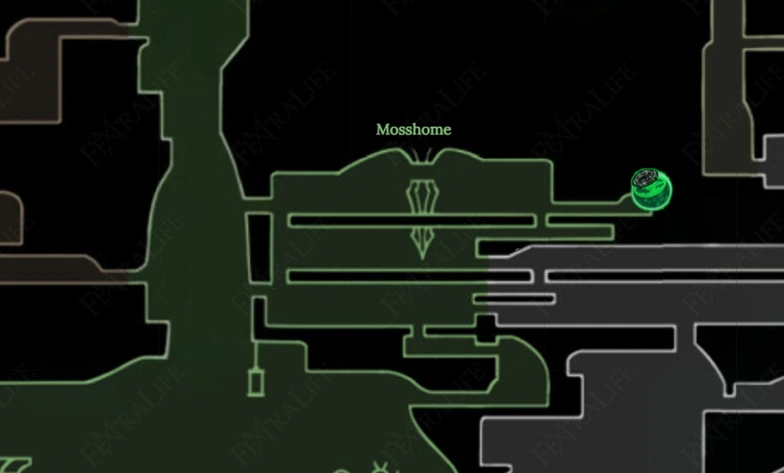 Zona Mosshome del mapa de Hollow Knight Silksong para la misión el gran sabor de Telalejana.