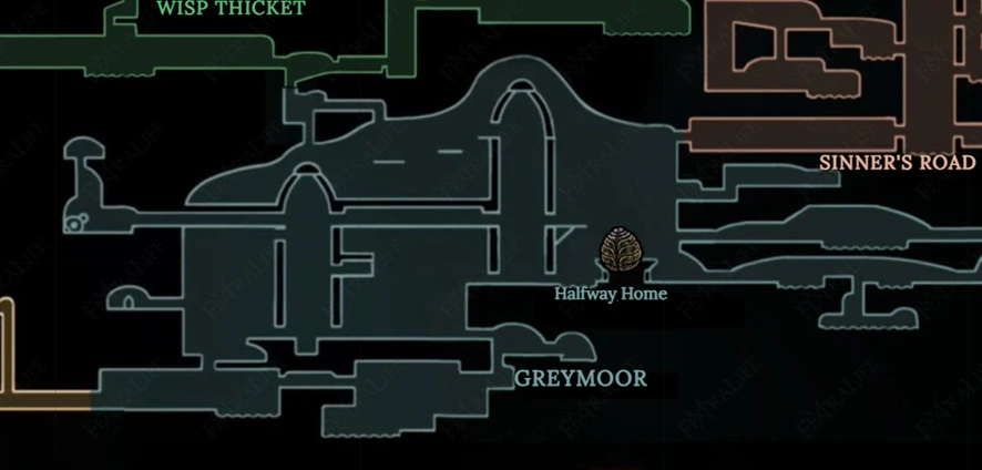 Mapa de interfaz de Silksong mostrando Halfway Home para la misión el gran sabor de Telalejana.