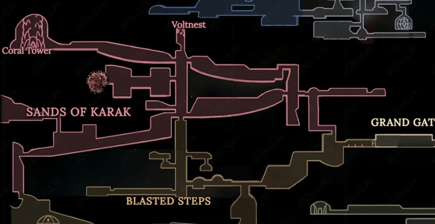Mapa de la región Sands of Karak en Silksong para la misión el gran sabor de Telalejana.