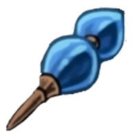 Primer plano del objeto brote de plasmio mostrando sus dos esferas azules y base afilada.