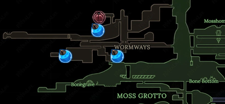 Mapa de Wormways señalando con iconos azules la ubicación exacta de cada brote de plasmio.