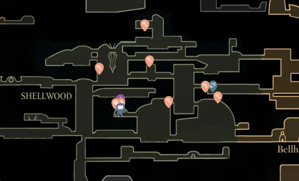 Mapa de Shellwood en Silksong con marcadores que señalan la ubicación exacta de los corazones de pólipo para el jugador.
