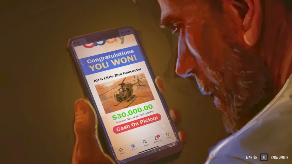 Un hombre barbudo revisa su teléfono, mostrando un anuncio de eBay donde ha ganado la puja por un helicóptero AH-6, clave de la trama de Cleared Hot.